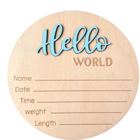 Panneau de naissance rond en bois bleu 3D « Hello World » avec support, plaque gravée avec le nom du bébé pour accessoire photo de nouveau-né et décoration de chambre d'enfant