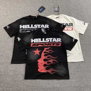 เสื้อยืดผู้ชายสไตล์ยุโรปอเมริกันแนวสตรีท ลาย Hell Star ลุคเรโทร ซักฟอกทำสีซีด แบรนด์แฟชั่นชั้นนำ แขนสั้น ผ้าฝ้าย - Product Image 1