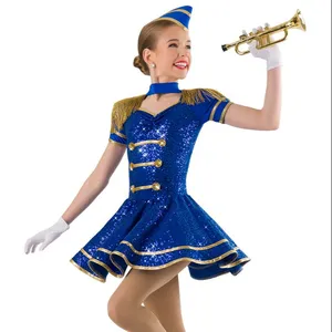Dans kostümü çocuk kız kraliyet mavi pullu denizci donanma dans elbise dans kostümü
