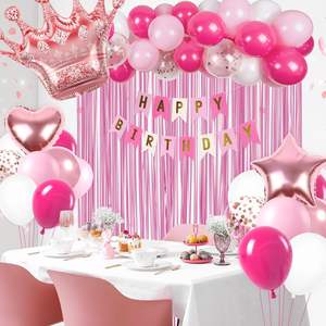 קישוטי יום הולדת נסיכה ורוד לוהט לנשים, בלונים לבנים ורודים בהירים, באנר, וילונות גדילים, יום הולדת 21-60 שמח - Product Image 6