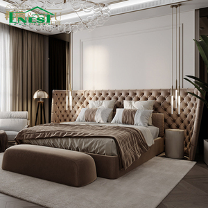 Ensemble de meubles de chambre à coucher de luxe moderne, lit king size capitonné en velours premium avec tête de lit extra large pour projet de villa ou d'hôtel - Product Image 2