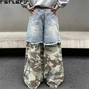 Jeans déchirés à panneaux personnalisés, coupe large, délavé clair, camouflage Woodland, style streetwear, denim baggy, vente en gros - Product Image 6