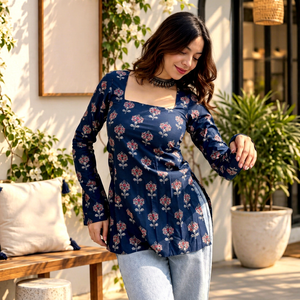 Kurti à fleurs bleues imprimées |   Tunique courte tendance Kurti |   Haut ethnique à col carré |   Kurti court pour femmes - Product Image 1