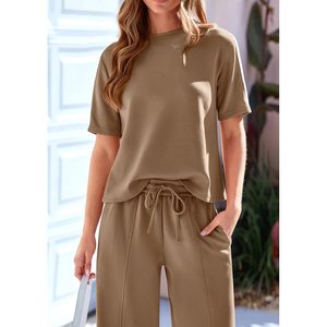 Women's 2 Piece Set <b>Summer</b> Casual Sweatsuit Wide Leg <b>Pants</b> Matching Lounge Outfit Breathable O-Neck Short Sleeve Knitted Set - Product Image 5