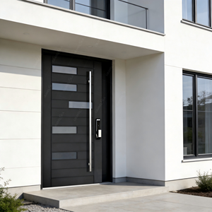 ประตูภายนอกดีไซน์หรูสไตล์อิตาลี พร้อมกระจกสองชั้นเพื่อความปลอดภัย ประตูบานเดี่ยวแบบหมุน ประตูทางเข้าทันสมัย ทำจากไม้และอะลูมิเนียม - Product Image 5