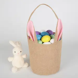 环保黄麻面料可爱快乐复活节兔子礼品手提袋手提袋兔耳DIY手提袋桶