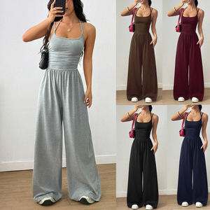 Custom Women Halter Neck High Waist Jumpsuit Bandeau Cami Wide Leg Loose Fit Summer Casual Top Anti-Wrinkle Ruched Screen - Product Image 2