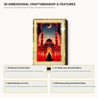 Grande œuvre d'art murale en verre avec strass, représentant une mosquée et un paysage nocturne, encadrée, pour hôtels et halls, vente en gros, avec éléments en cristal
