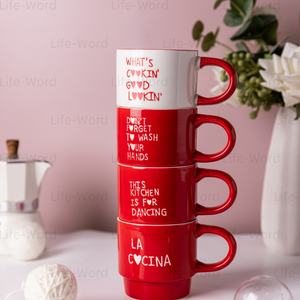 Vente en gros de tasses à café en céramique empilables pour la cuisine verres en porcelaine avec citations drôles et poignée rouge tasses quotidiennes tendance pour la maison et le café - Product Image 4