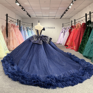Vestido de Quinceañera Azul Marino con Lentejuelas y Hombro Descubierto, Modelo 1560 Glitter - Product Image 3