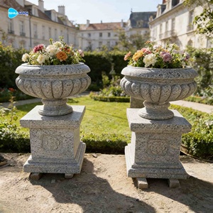 Jardinières décoratives en marbre blanc faites à la main pour villas européennes, avec base, pas chères - Product Image 4