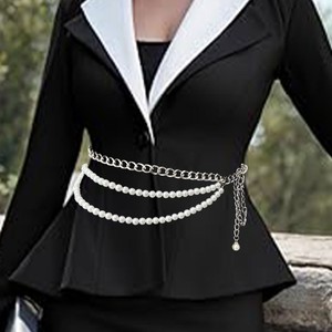 Chaîne de taille multi-couches tendance européenne et américaine en imitation perle et métal pour femme, chaîne de corps rétro réglable 115 cm - Product Image 1