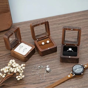 Solid Walnut Wood Wedding <b>Ring</b> <b>Box</b> Square Dark Brown Jewelry Storage Desktop Organizer With Glass Lid For Engagement <b>Rings</b> - Product Image 2