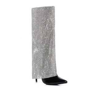 Women Diamonds Folded Over Knee High Boots Stiletto Thin Heels Shiny Bling Rhinestone Shoes Overlay Pointy Toe Long <b>Booties</b> - Product Image 4