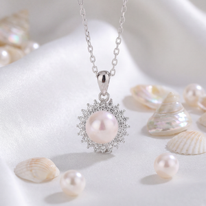 <b>Copper</b> Sunburst Double CZ Halo Freshwater Pearl Pendant Necklace Radiant Sun Cluster Bridal Jewelry for Women - Product Image 5