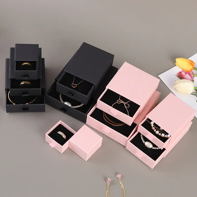 Custom Small Pink Paper Cardboard Ring Drawer Packaging Jewelry Box And Bag With Logo Printed