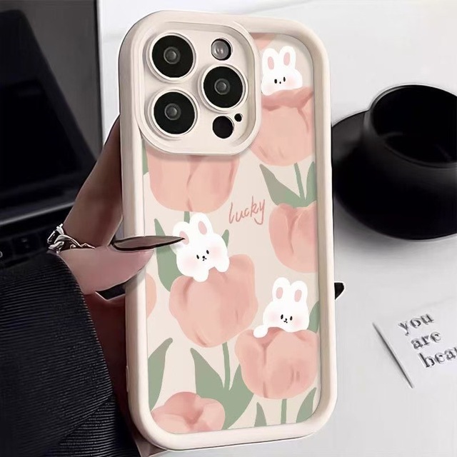 White Rabbit Tulip Print Ladder Lens Style Shockproof TPU Mobile Phone Cover Case for Iphone 11 12 13 14 15 16 17 18 Pro Max