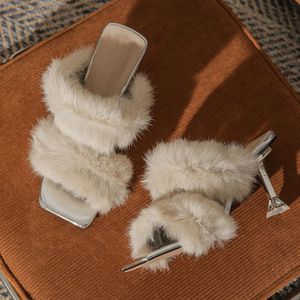 Nouvelles pantoufles à talon et plumes, mules à bout ouvert, sandales à talon chaton en fausse fourrure pour femme - Product Image 2