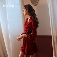 Pyjama en Satin respirant d'été pour femmes Sexy Lotus Leaf Cuff Cardigan Robe longueur au genou avec Design privé