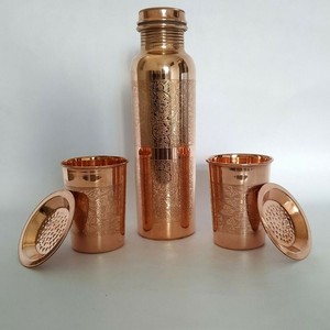 Luxury <b>Copper</b> Water Bottle Set with 2 Glass With Lid Traditional Engraved Design Outdoor Use Metal Drinkware for Hiking - Product Image 1