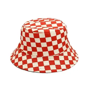 Großhandel Damen Sommer Checker Fischer Hut Anpassen Baumwolle Frauen Check Bucket Hat Reversible Bulk