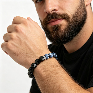 Blue Veined Agate And Obsidian Geometric <b>Beaded</b> <b>Bracelet</b> For Men Women Fashion Gift Jewelry - Product Image 2