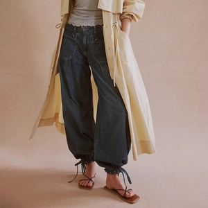 Y2K Streetwear Acid Wash Baggy <strong>Denim</strong> Jeans <strong>Women</strong> High Elastic Waist Drawstring Cuffed Cargo Pants Vintage Loose Wide Leg <strong>Joggers</strong> - Product Image 2