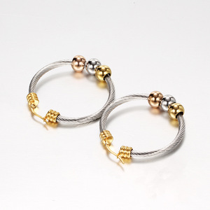 Hoop <b>Earrings</b> 3Mm Stainless Steel Two Tone Beaded Round Cable Women's <b>Stud</b> <b>Earrings</b> Fashion Simple Geometric Design - Product Image 5