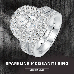 Bague de fiançailles en argent 925 avec halo de moissanite pour femme, ensemble de bijoux de mariage de luxe à double alliance, coupe ovale étincelante GRA - Product Image 2