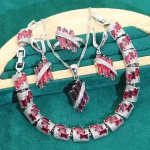 Red zircon bạc màu Wedding Jewelry sets đối với phụ nữ Vòng đeo tay bông tai vòng Mặt Dây Chuyền Vòng món quà sinh nhật