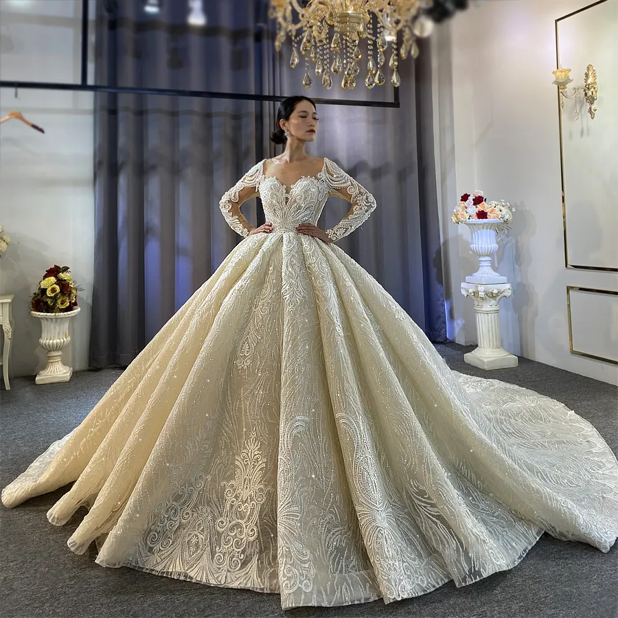 Vestido de novia de lujo personalizado, manga larga con cuentas de diamantes de imitación, malla de lentejuelas, boda, dulce Corazón, 2022