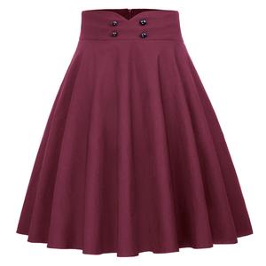Womens Vintage Solid Color Button Decorated High Waist Flared A-Line <strong>Black</strong> <strong>Pleated</strong> <strong>Skirt</strong> - Product Image 1