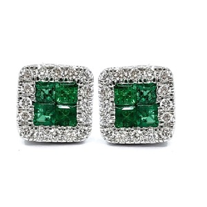 Luxurious 18K <b>White</b> Gold Emerald Stud Earrings Classic Wedding Square Quad Cluster Claw Setting Diamond Halo Self-Reward Luxury - Product Image 1