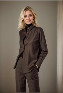 OOTN 2024, blusas informales de manga larga para mujer, de cintura alta Camisa de algodón con cuello vuelto, patrón Vintage sólido, logotipo tejido en la espalda - Product Image 2