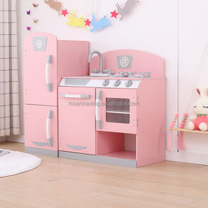 Réfrigérateur et cuisine en bois rose modernes pour jeux de rôle avec évier, robinet et brûleurs pour enfants - Product Image 3