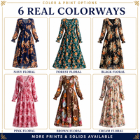 Robe longue smockée en mousseline florale lavable pour femme, col en V, taille empire, poignets à volants, vente en gros, OEM, ODM, marque privée