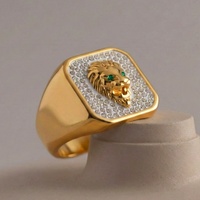 Cincin Wanita Desain Sederhana Mewah Eropa Amerika, Kepala Singa Persegi Bertabur Berlian Penuh, Baja Anti Karat Lapis Emas 18K