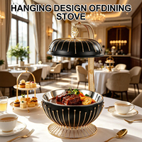 Plat de service rond de luxe noir et or avec couvercle décoratif suspendu pour buffet, traiteur, hôtel, mariage, fête