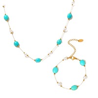 Ensemble de bijoux bohème plaqué or 18 carats en acier inoxydable avec turquoise bleue naturelle et fausses perles, étanche, pour femme