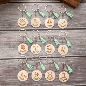 Wholesale Custom Keychain Promotional Gifts Keychain Luxury Round Wooden Zodiac Keychain With Tassel