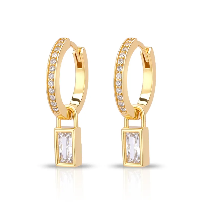 Joacii 925 Sterling Silver Gold Plated Geometry Drop Skinny Diamond Rock Crystal Baguette Charm Huggie Earrings