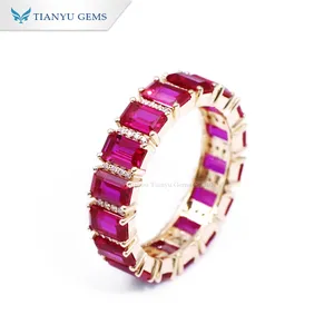 Tianyu Full Eternity Ruby Gemstone Wedding Band 3x5mm Emerald Cut Corindón Moissanite Diamond Compromiso Anillos de novia