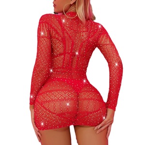 Sexy rode mini-jurk met strass steentjes en visnetpatroon voor dames, lange mouwen, doorschijnend mesh, clubkleding voor 's nachts. - Product Image 5