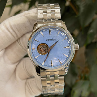Jam Tangan Otomatis Valerius Men, Dial Tekstur Gelombang Biru Es dengan Desain Open Heart Skeleton, Tali Baja Tahan Karat