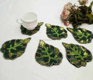 Handmade <b>Beaded</b> <b>Placemats</b> Home Decor Luxury Hand Embroidery Green Leaf Mug Rug Coasters for Home Decoration Wholesale - Product Image 1