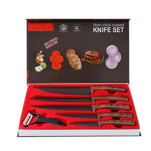 6 PCS Kitchen <b>Knife</b> <b>Set</b> with Peeler Non Stick Coated Stainless Steel Kitchen <b>Knives</b> Wood Grain Handle Gift Box Packing - Product Image 1