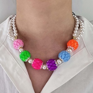 Collana con ciondolo a forma di ortensia colorata con perline e perle, placcata oro 18k, set di gioielli da donna - Product Image 2