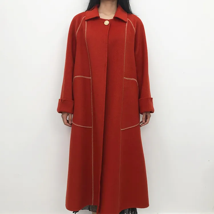 Winter warm casual ladies red wool pocket coat long women's coat