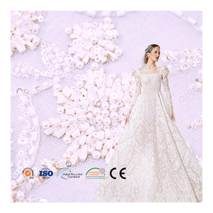 Lujo blanco puro bordado con cuentas encaje malla tejido tul tela vestidos de novia con cuentas bordado patrón accesorio bodas - Product Image 6