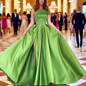 Abito da sera estivo elegante e sexy monospalla in raso verde, lungo fino al pavimento, a trapezio, tinta unita, casual, traspirante, con spacco alto, per donna - Product Image 6
